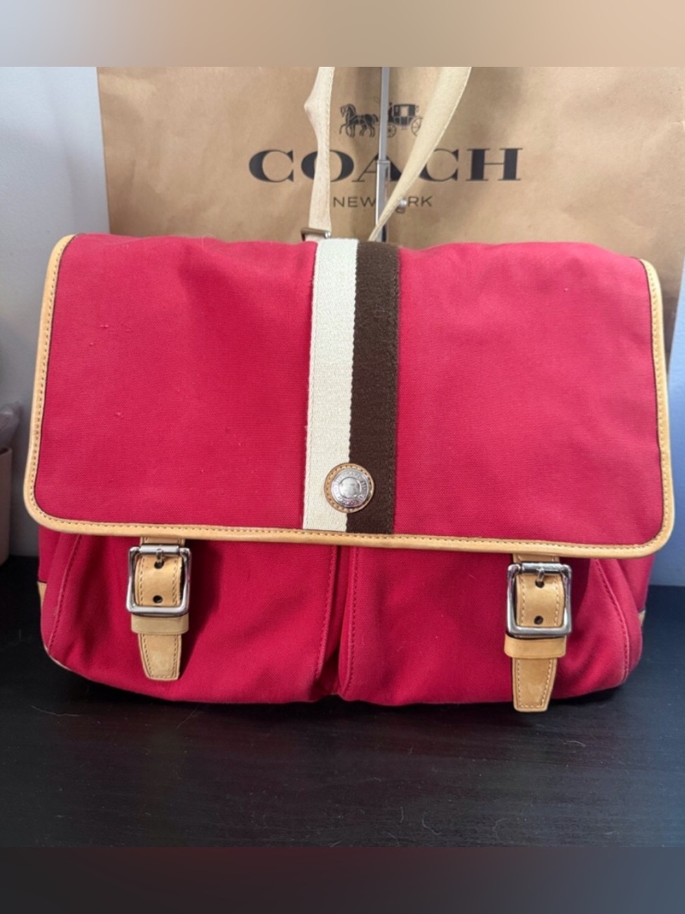 Coach Voyager Red Canvas Messenger Bag Leather Trim Laptop Travel Briefcase